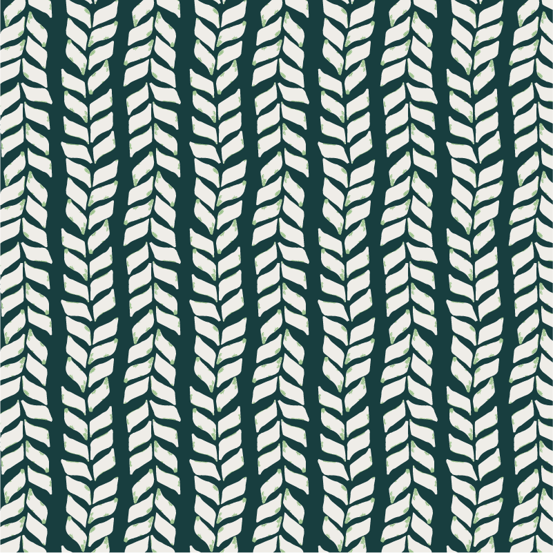 Hand illustrated repeating pattern featuring greenish white, organic, abstract leafy vine motif, on a muted dark green background arranged in a geometric vertical stripe design. Overall look is that of lightly distress art.