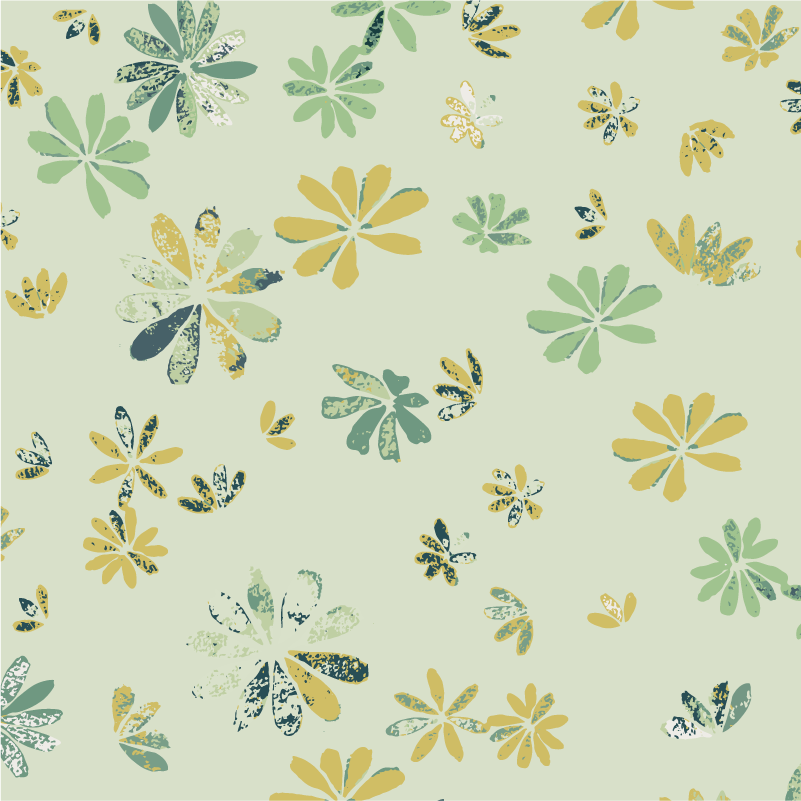 Hand stamped repeating pattern featuring soft yellow and green daisies with muted dark green texture, organic, abstract graphic motif, on a soft muted green background arranged in a tossed design. Overall look is texture or distressed.
