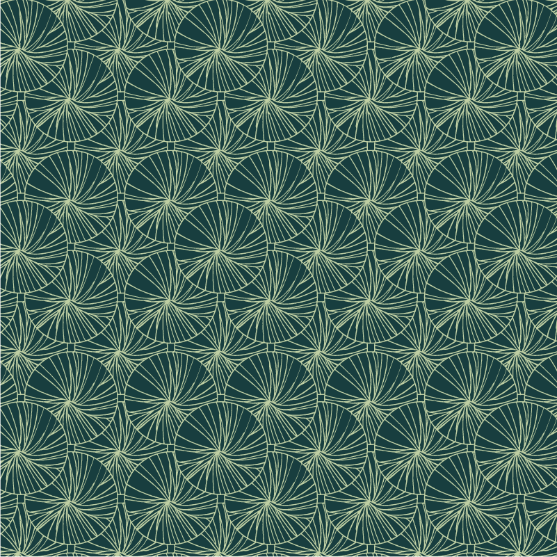 Hand illustrated repeating pattern featuring muted dark green, organic, abstract graphic motif, with linework in a soft muted green hue arranged in a geometric design. Overall look is that of sketched or distress art.