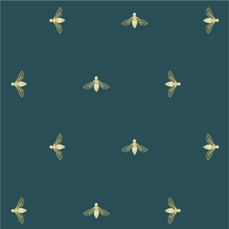 Hand illustrated repeating pattern featuring soft yellow and greenish white honeybees, arranged in a brick repeat design against a muted dark green background. A sophisticated pattern with a simple sketched motif and open space.