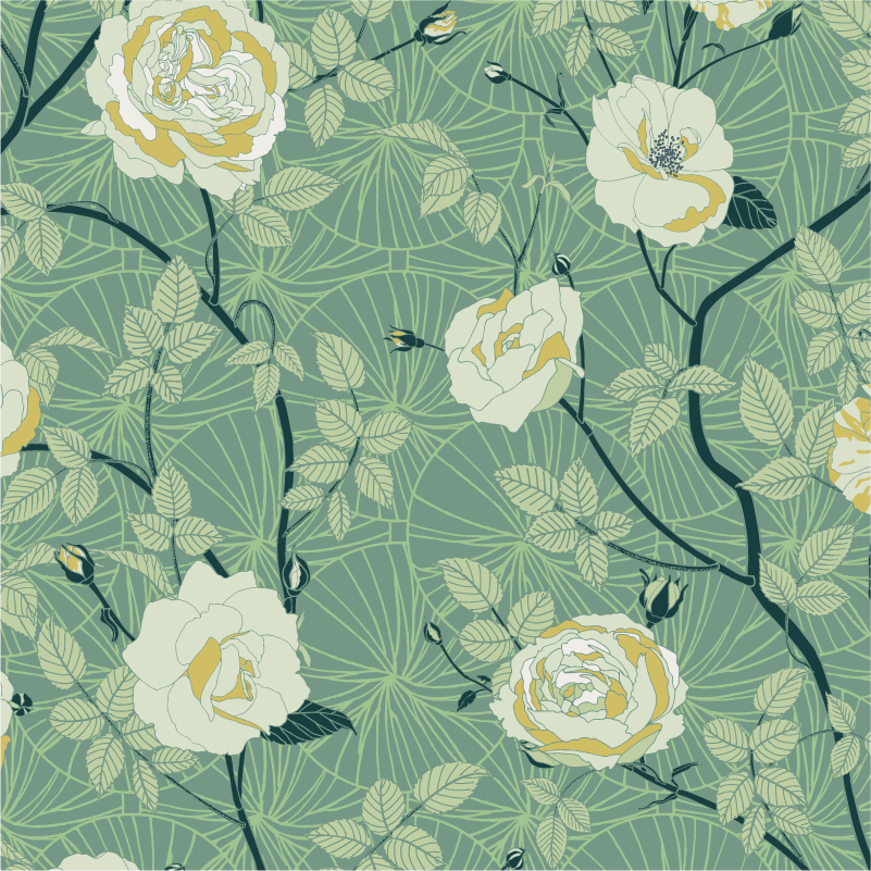 Softly coloured, hand illustrated repeating pattern featuring cream and yellow roses, with muted green foliage, arranged in a trailing pattern.