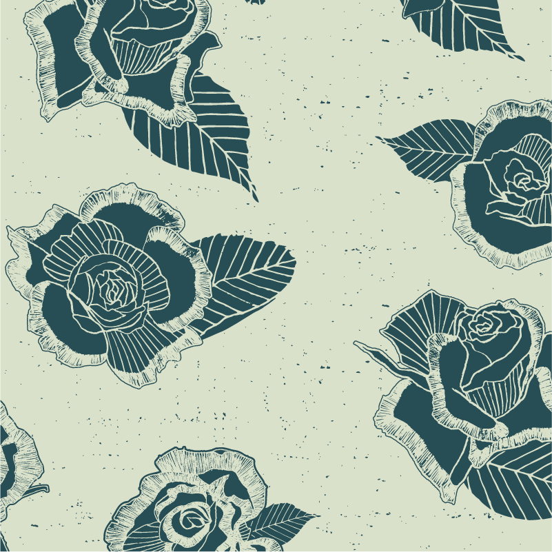 Softly coloured, hand illustrated repeating pattern featuring muted dark green distressed looking roses, on a soft green background, arranged in a tossed pattern.