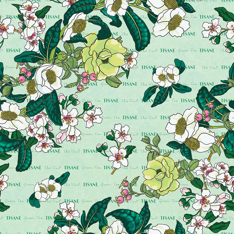 Hand illustrated diagonal repeating pattern featuring green tea flowers and leaves, rose leaves, buds and rosehips, apple blossoms, layered over a background with hand lettered text for the imaginary Tisane brand, featured inn shades of green, pinks, yellow and white.