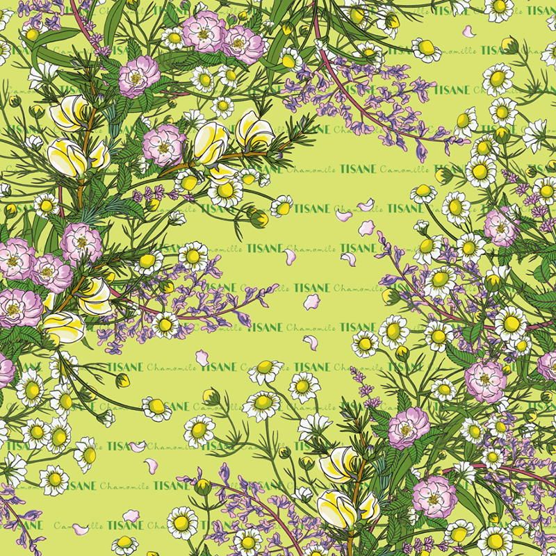 Hand illustrated diagonal repeating pattern featuring chamomile flowers and leaves, roses, verbena, lavender and lemon slice, layered over a background with hand lettered text for the imaginary Tisane brand, featured in shades of green, pinks, purple, yellow and white.