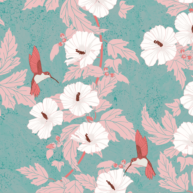 Hand illustrated repeating pattern featuring hummingbirds and Rose of Sharon branches and flowers in hues of muted corals, pink, cream, and aquamarine blues, arranged in a trailing pattern design.