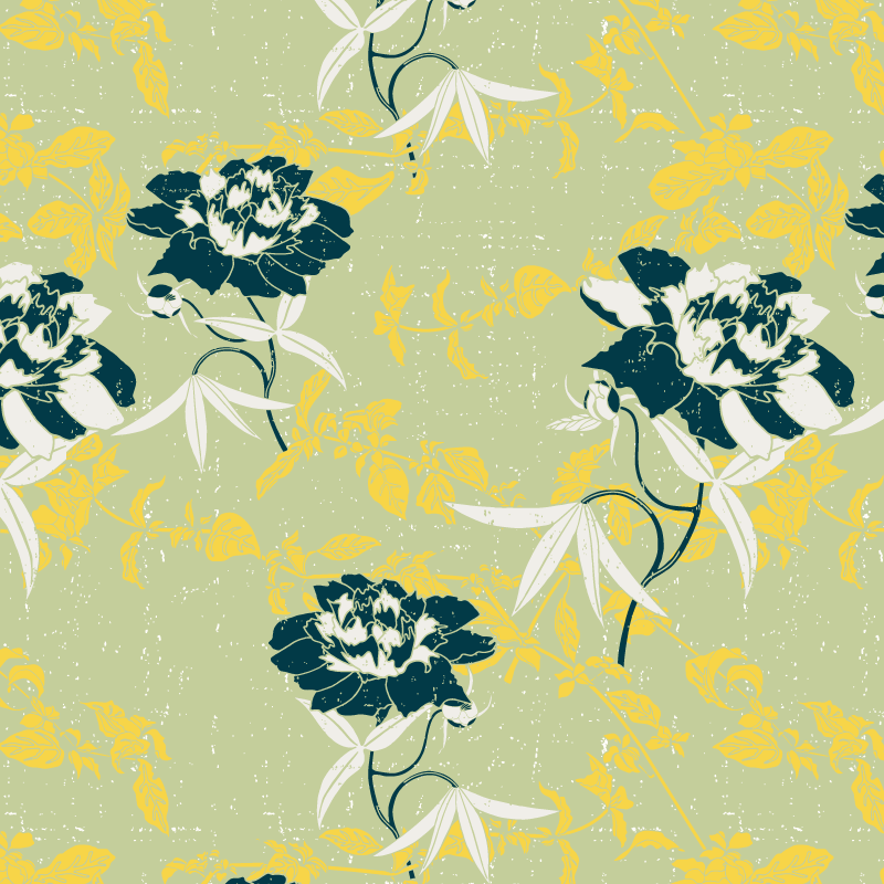 Hand illustrated repeating pattern featuring peony flowers in full bloom and buds, layered over leafy vines, in hues of soft yellow, deep aquamarine blue, on a soft warm green background texturized with flecks of white, arranged in a tossed pattern design.