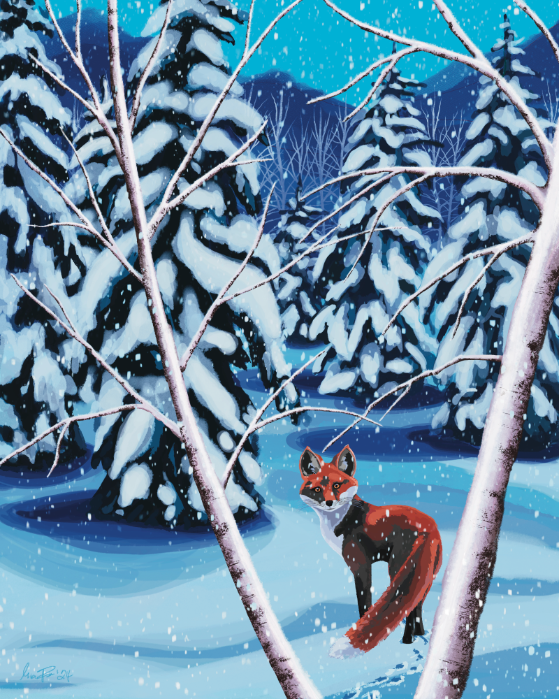 Heart of the forest illustration features a fox in an evergreen forest at twilight, peering over his shoulder at the viewer. The snow is falling softly and the forest floor and trees are blanketed with freshly fallen snow.