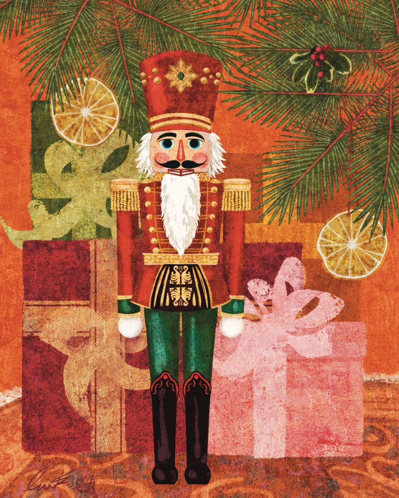 Illustration of a red Nutcracker toy soldier, standing in front of a Christmas tree decorated with holly and dehydrated orange slices. Featured in warm tones of greens, yellows, orange, pinks, and red.