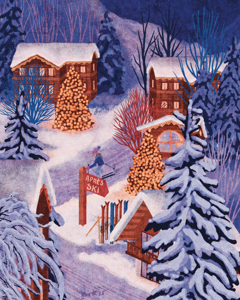 Illustration of a ski village at twilight with ski trail running through it. The evergreen trees are alight strung and glowing with yellow-orange Christmas lights. There is a girl skiing on the slope heading to the chalet for an après ski event with friends.